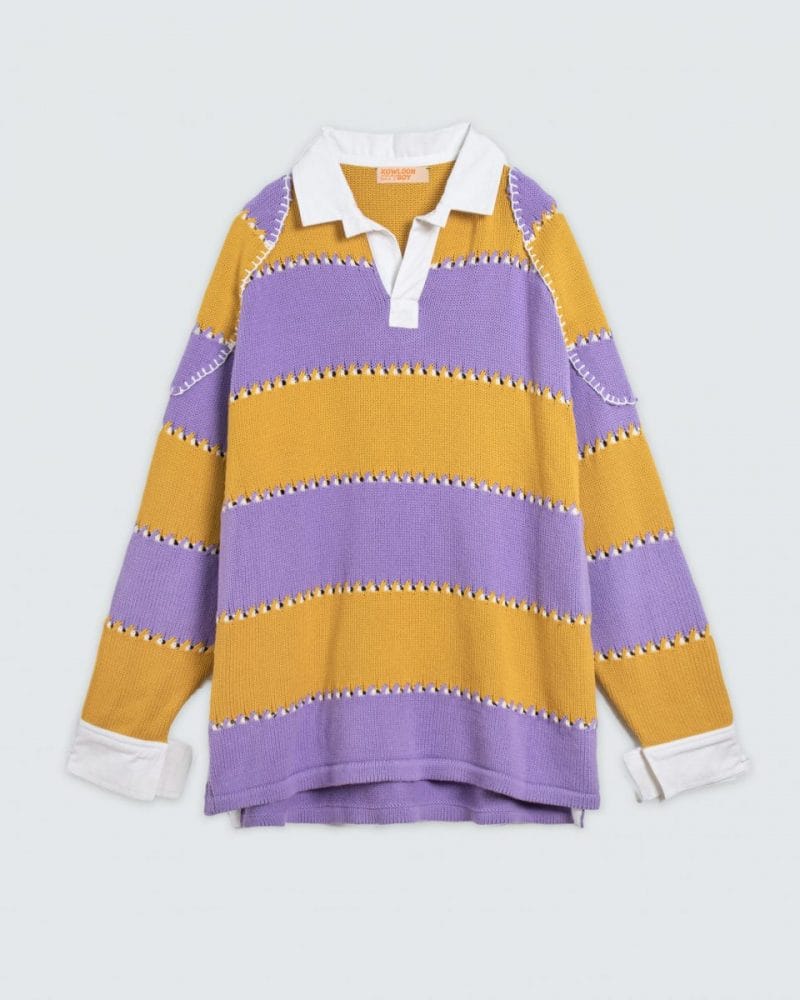 [韓国人気] STRIPE POLO SWEATER atb1286m Striped Polo Sweater [Off White/Olive] | KOWLOON CITY BOY